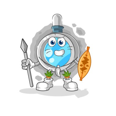 the magnifying glass african tribal fighter mascot. cartoon vecto