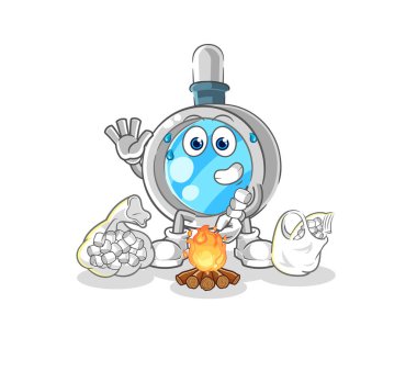 the magnifying glass roasting marshmallows. cartoon mascot vecto