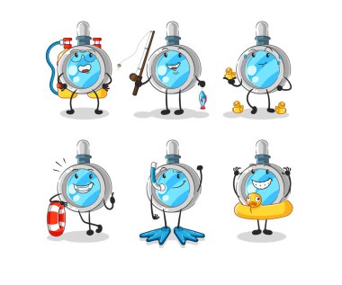 the magnifying glass water activity group. cartoon mascot vecto