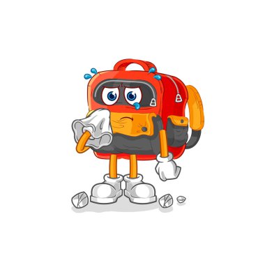 the backpack cry with a tissue. cartoon mascot vecto