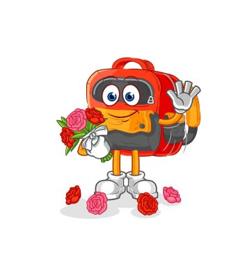 the backpack with bouquet mascot. cartoon vecto
