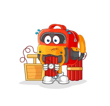 the backpack holding dynamite character. cartoon mascot vecto