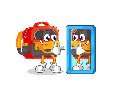 the backpack looking into mirror cartoon. cartoon mascot vecto