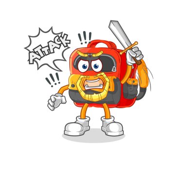 the backpack knights attack with sword. cartoon mascot vecto