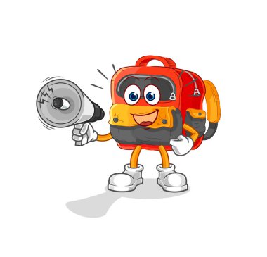 the backpack holding hand loudspeakers vector. cartoon characte