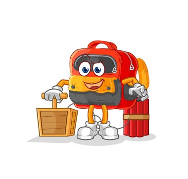 the backpack holding dynamite detonator. cartoon mascot vecto