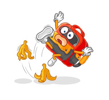 the backpack slipped on banana. cartoon mascot vecto