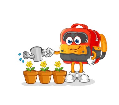 the backpack watering the flowers mascot. cartoon vecto