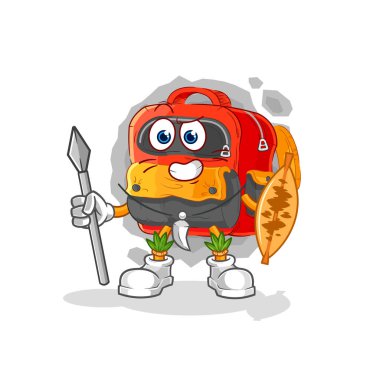 the backpack african tribal fighter mascot. cartoon vecto