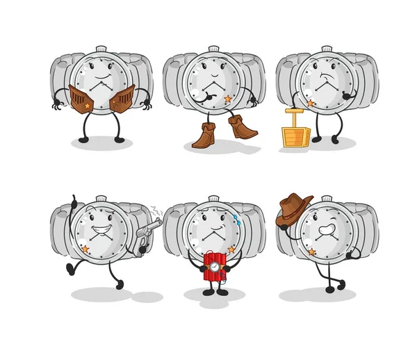 Wristwatch Cowboy Group Character Cartoon Mascot Vecto — Stock Vector