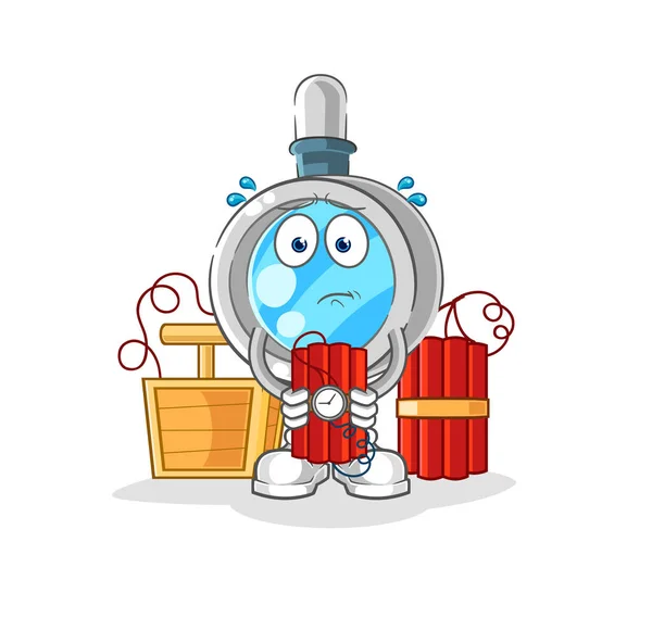 Magnifying Glass Holding Dynamite Character Cartoon Mascot Vecto — Vetor de Stock