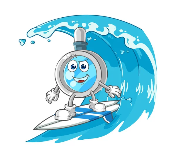 the magnifying glass surfing character. cartoon mascot vecto