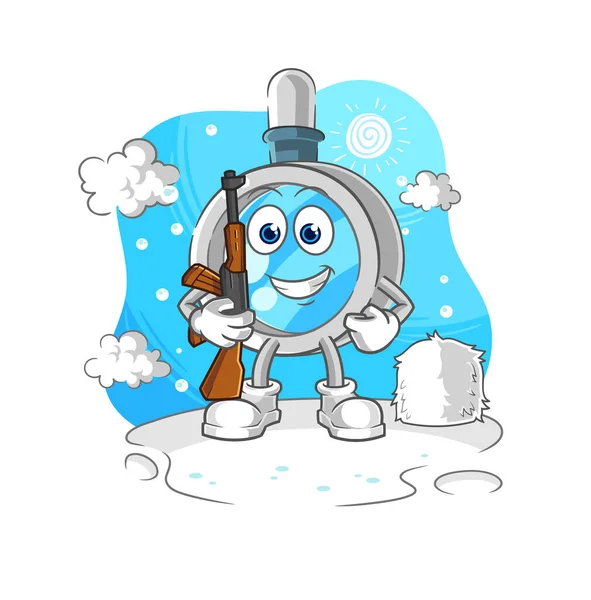 Magnifying Glass Soldier Winter Character Mascot Vecto — Stock Vector