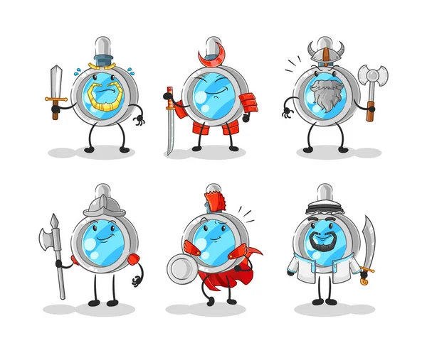 the magnifying glass warrior group character. cartoon mascot vecto