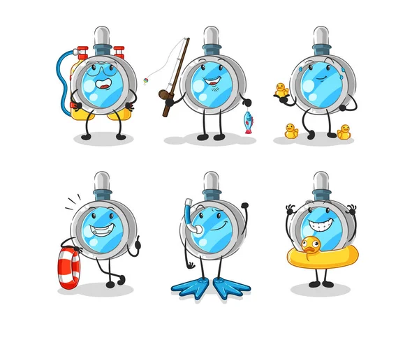 the magnifying glass water activity group. cartoon mascot vecto