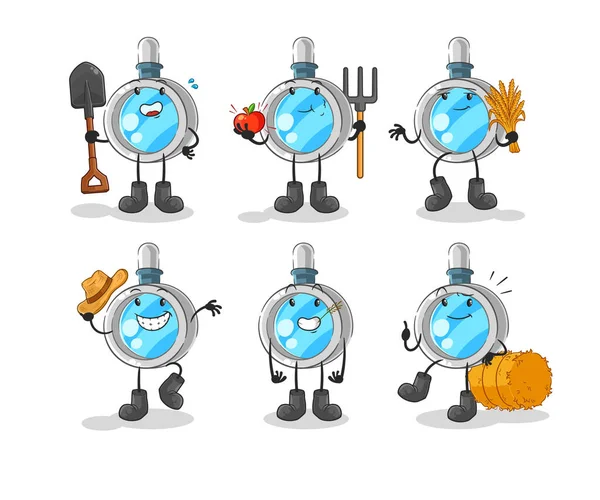 the magnifying glass farmer group character. cartoon mascot vecto