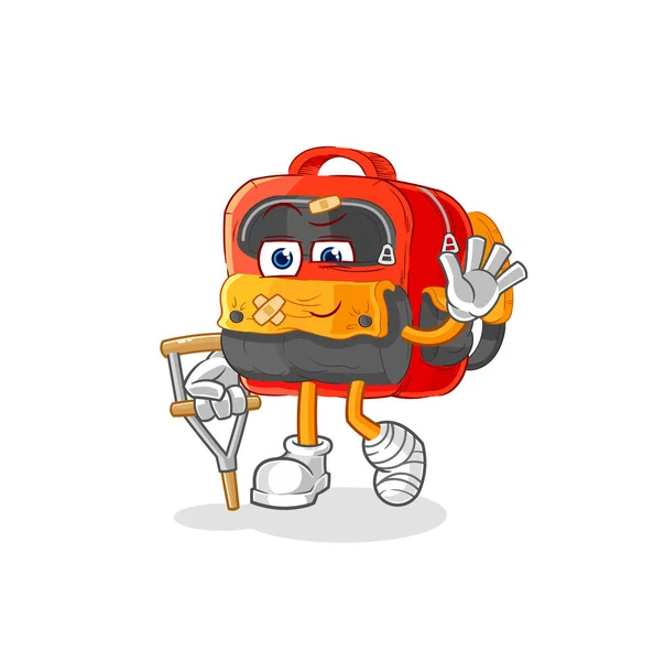 Backpack Sick Limping Stick Cartoon Mascot Vecto — Archivo Imágenes Vectoriales