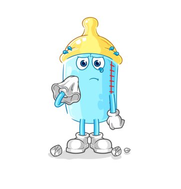 the baby bottle cry with a tissue. cartoon mascot vector