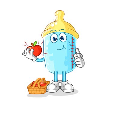 the baby bottle eating an apple illustration. character vector
