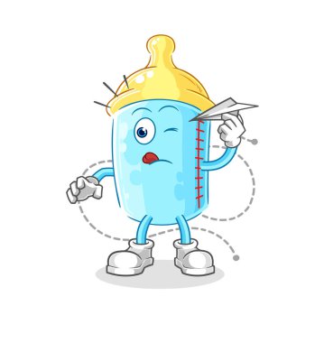 the baby bottle with paper plane character. cartoon mascot vector