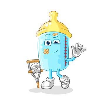the baby bottle sick with limping stick. cartoon mascot vector