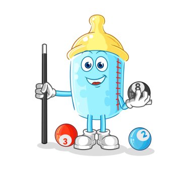 the baby bottle plays billiard character. cartoon mascot vector