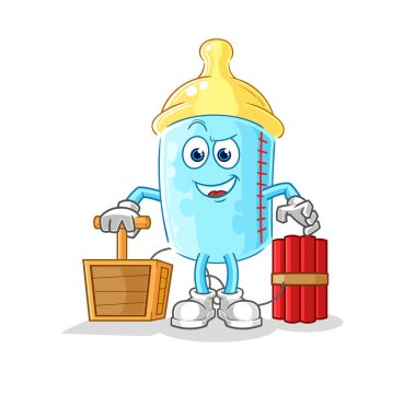 the baby bottle holding dynamite detonator. cartoon mascot vector