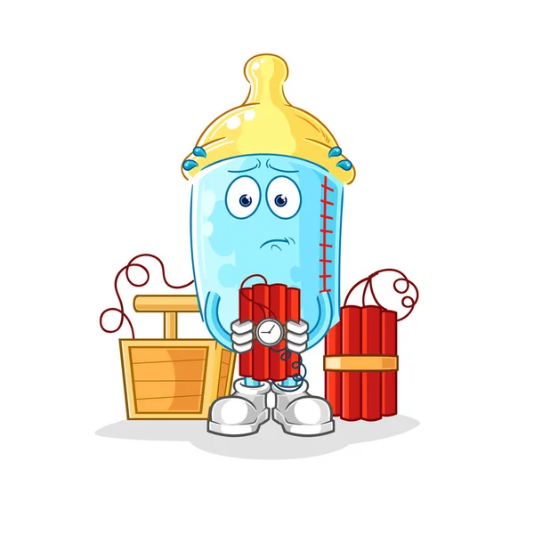 Baby Bottle Holding Dynamite Character Cartoon Mascot Vector — Stockový vektor