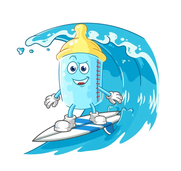 Baby Bottle Surfing Character Cartoon Mascot Vector — Archivo Imágenes Vectoriales