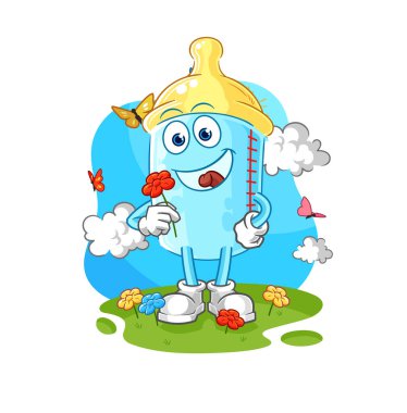 the baby bottle pick flowers in spring. character vector