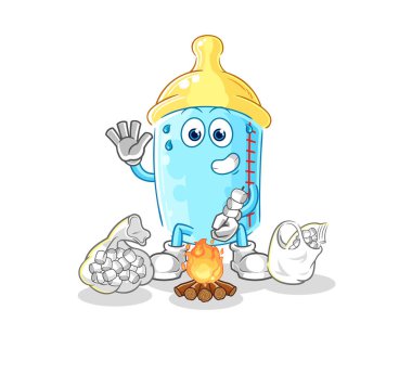 the baby bottle roasting marshmallows. cartoon mascot vector
