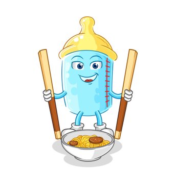 the baby bottle eat noodle cartoon. character mascot vector