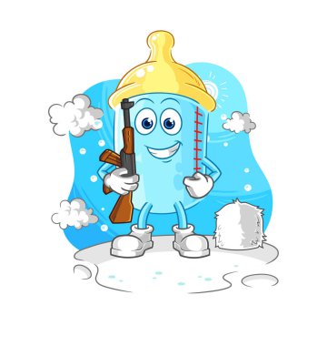 the baby bottle soldier in winter. character mascot vector