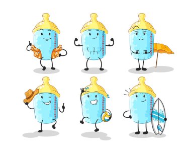 the baby bottle beach vacation set character. cartoon mascot vector