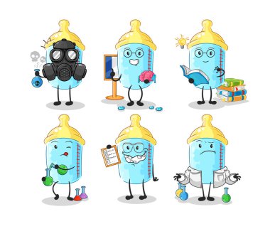 the baby bottle scientist group character. cartoon mascot vector