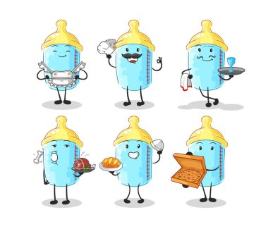 the baby bottle restaurant group character. cartoon mascot vector