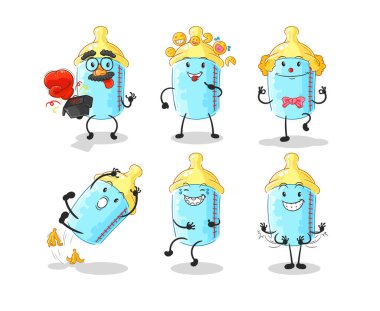 the baby bottle comedy set character. cartoon mascot vector