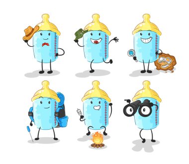 the baby bottle adventure group character. cartoon mascot vector