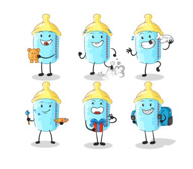 the baby bottle children group character. cartoon mascot vector