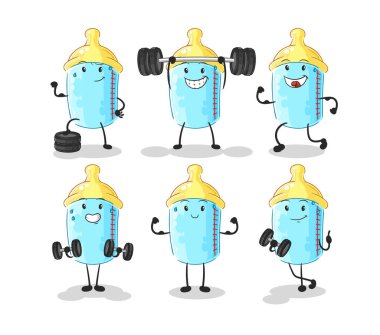 the baby bottle exercise set character. cartoon mascot vector