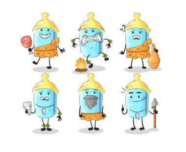 the baby bottle primitive man group character. mascot vector
