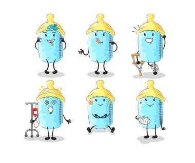the baby bottle sick group character. cartoon mascot vector