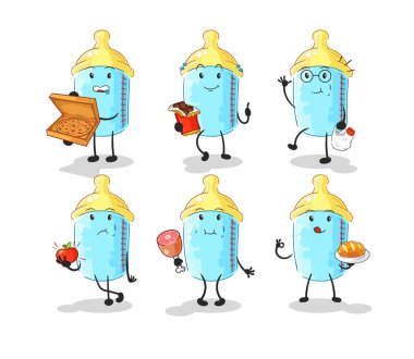 the baby bottle food set character. cartoon mascot vector