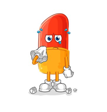 the lipstick cry with a tissue. cartoon mascot vector