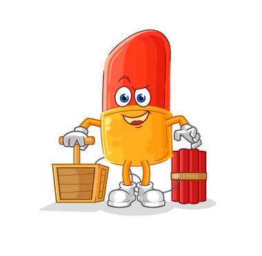 the lipstick holding dynamite detonator. cartoon mascot vector