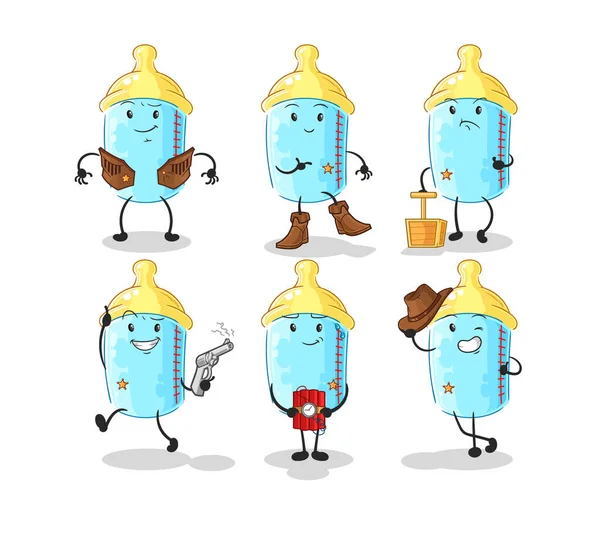 Baby Bottle Cowboy Group Character Cartoon Mascot Vector — Stok Vektör