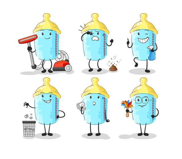Baby Bottle Cleaning Group Character Cartoon Mascot Vector — Stok Vektör