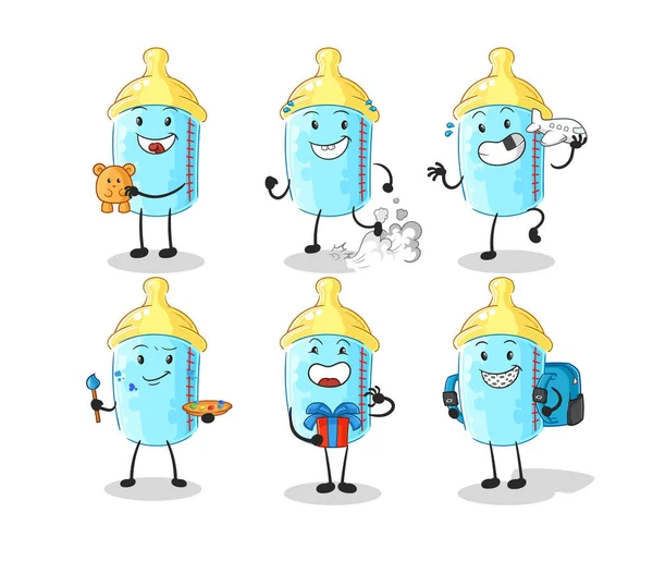 Baby Bottle Children Group Character Cartoon Mascot Vector — Stok Vektör