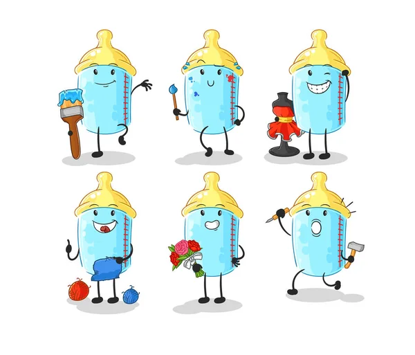 Baby Bottle Artist Group Character Cartoon Mascot Vector — Stok Vektör