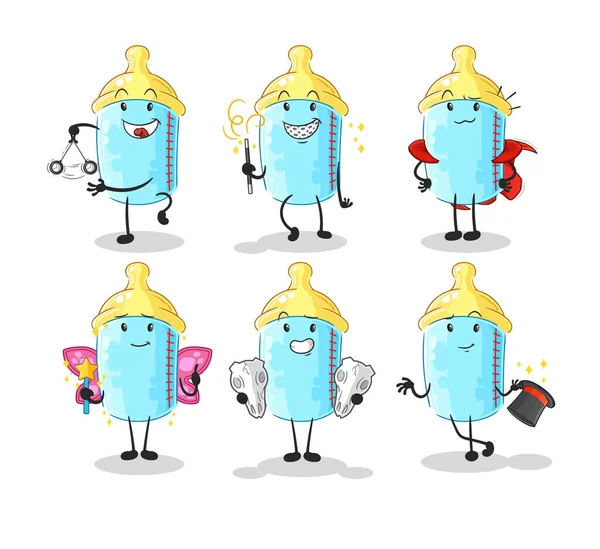 Baby Bottle Magic Group Character Cartoon Mascot Vector — Stok Vektör